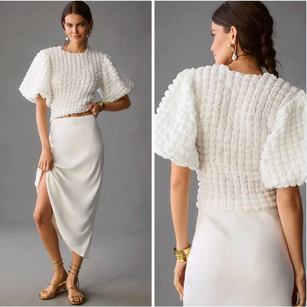 Eri + Ali Anthropologie Bubble Textured Puff-Sleeve Top White Sz S